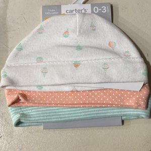 3 new Carter’s caps 0-3 mos  100% cotton